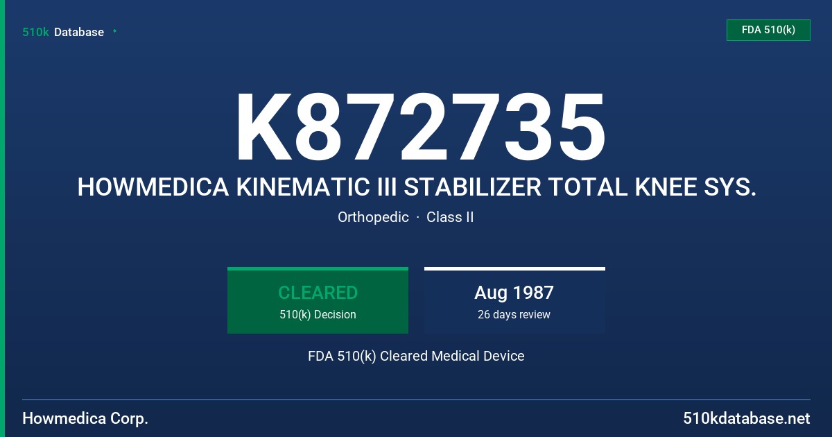 K872735 HOWMEDICA KINEMATIC III STABILIZER TOTAL KNEE SYS. FDA 510(k) Cleared Medical Device