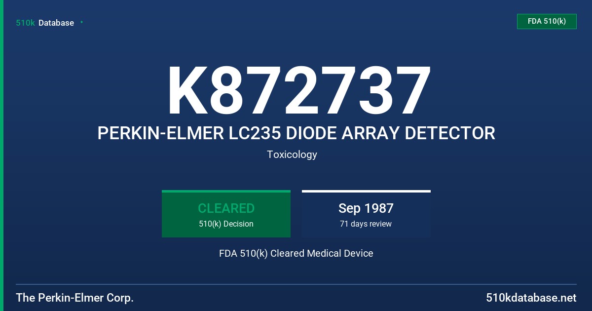 K872737 PERKIN-ELMER LC235 DIODE ARRAY DETECTOR FDA 510(k) Cleared Medical Device
