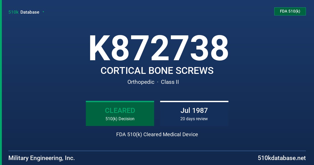 K872738 CORTICAL BONE SCREWS FDA 510(k) Cleared Medical Device