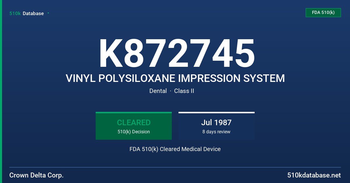 K872745 VINYL POLYSILOXANE IMPRESSION SYSTEM FDA 510(k) Cleared Medical Device