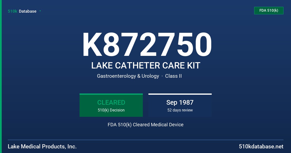 K872750 LAKE CATHETER CARE KIT FDA 510(k) Cleared Medical Device