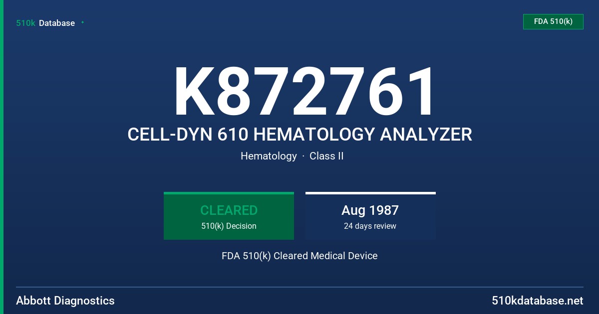 K872761 CELL-DYN 610 HEMATOLOGY ANALYZER FDA 510(k) Cleared Medical Device