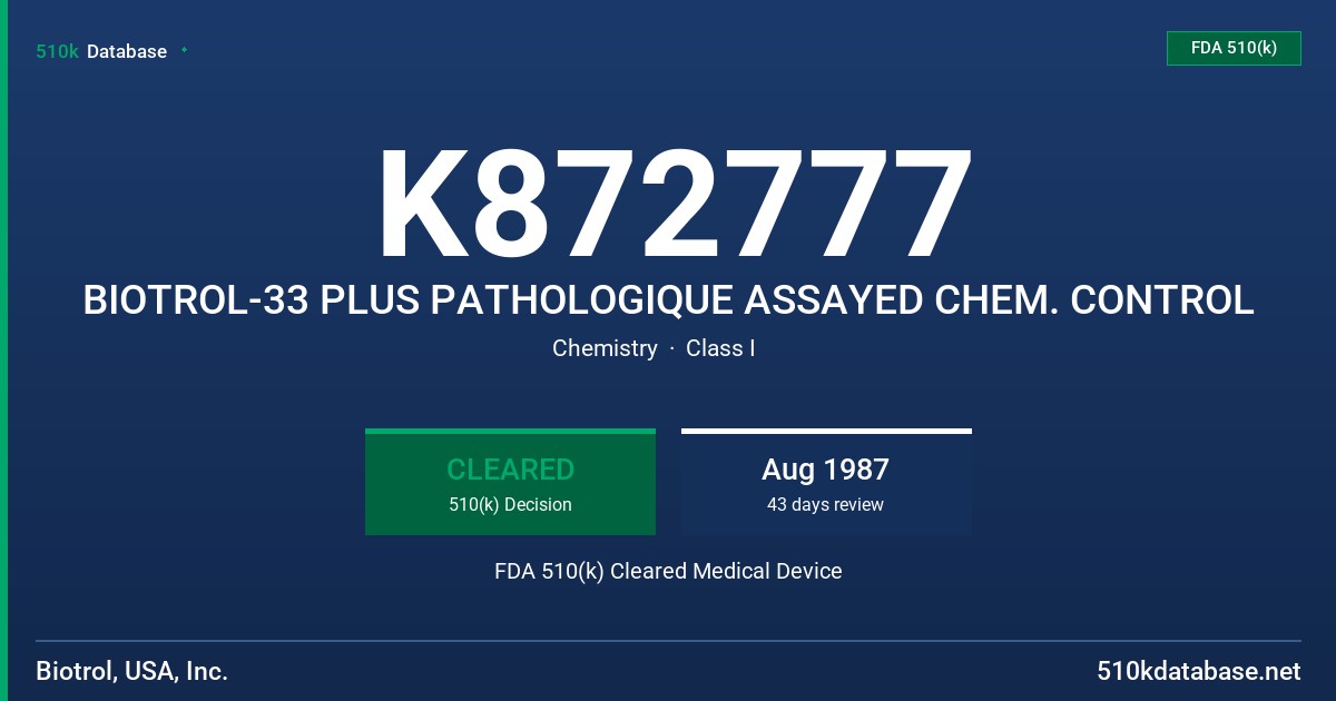 K872777 BIOTROL-33 PLUS PATHOLOGIQUE ASSAYED CHEM. CONTROL FDA 510(k) Cleared Medical Device