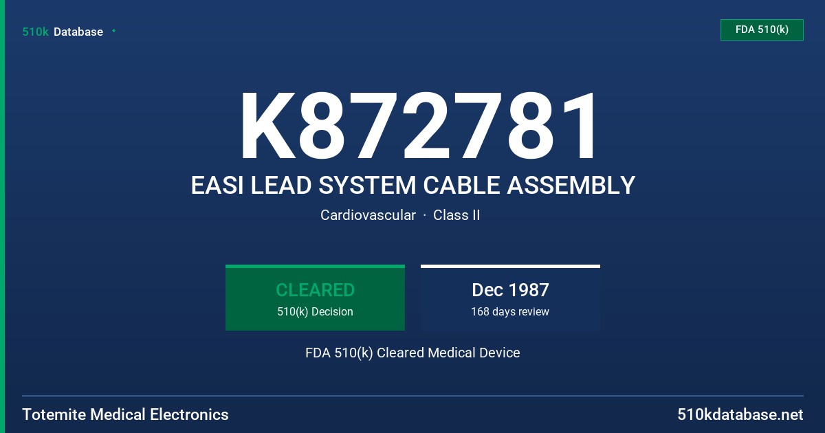 K872781 EASI LEAD SYSTEM CABLE ASSEMBLY FDA 510(k) Cleared Medical Device