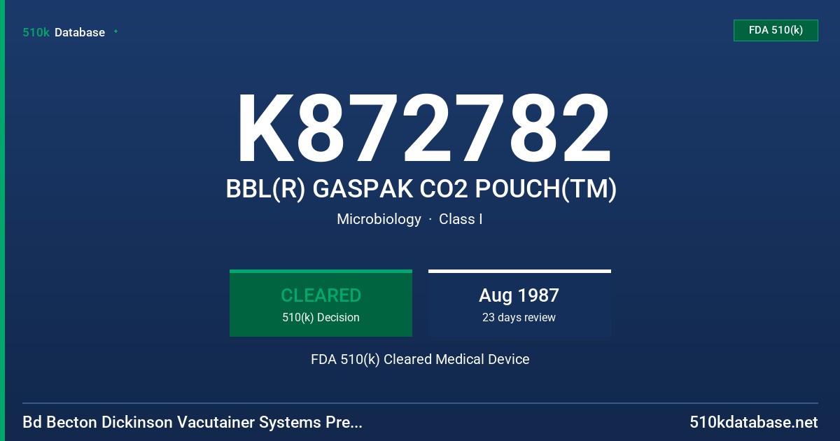 K872782 BBL(R) GASPAK CO2 POUCH(TM) FDA 510(k) Cleared Medical Device
