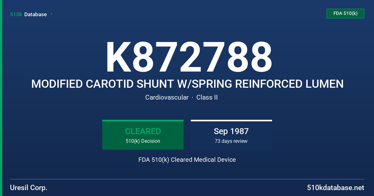 K872788 MODIFIED CAROTID SHUNT W/SPRING REINFORCED LUMEN FDA 510(k) Cleared Medical Device