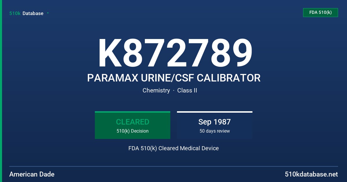 K872789 PARAMAX URINE/CSF CALIBRATOR FDA 510(k) Cleared Medical Device
