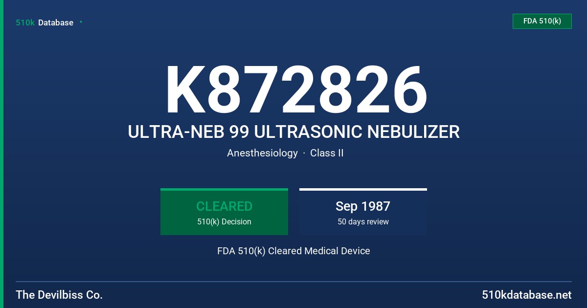 K872826 ULTRA-NEB 99 ULTRASONIC NEBULIZER FDA 510(k) Cleared Medical Device