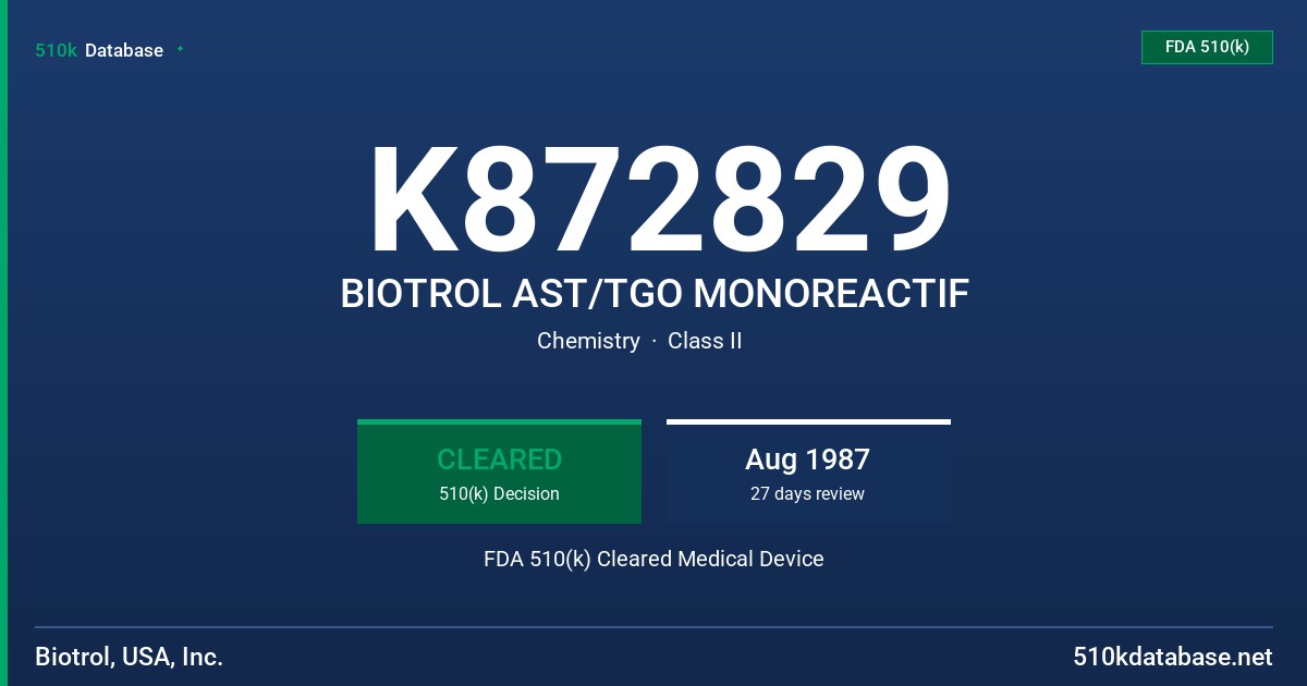 K872829 BIOTROL AST/TGO MONOREACTIF FDA 510(k) Cleared Medical Device