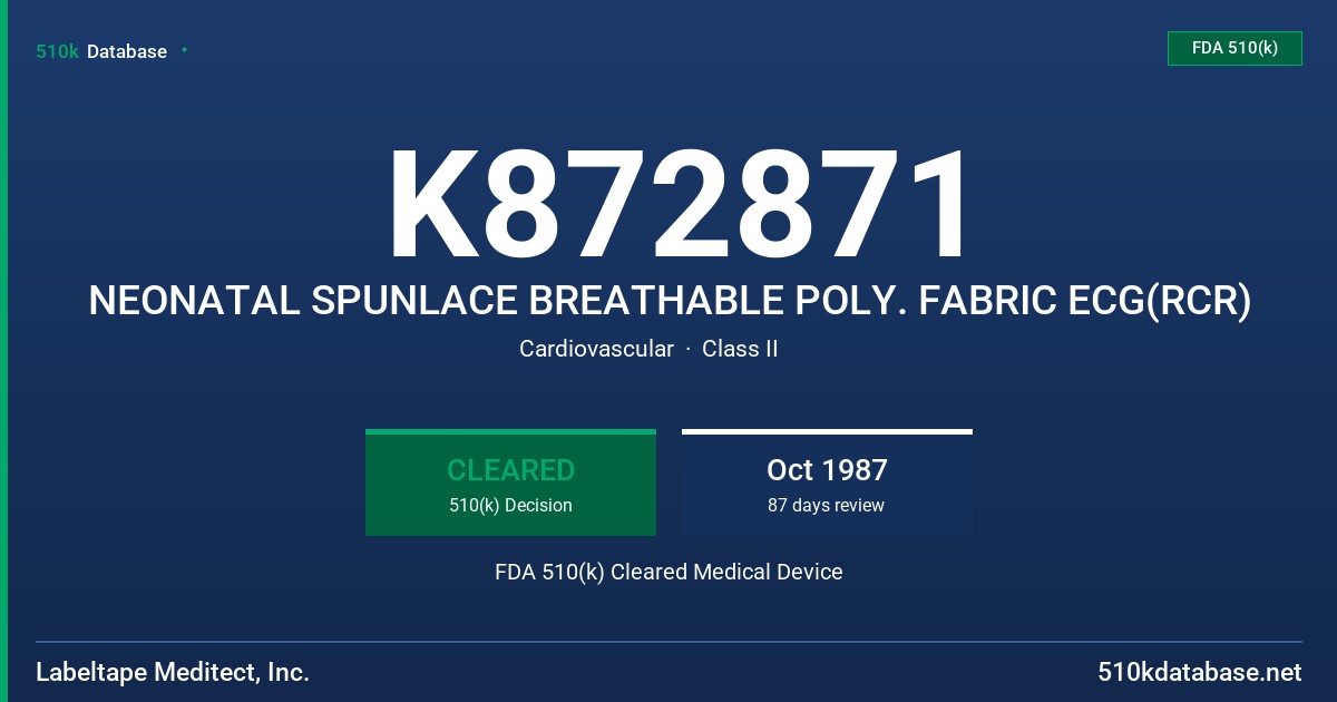 K872871 NEONATAL SPUNLACE BREATHABLE POLY. FABRIC ECG(RCR) FDA 510(k) Cleared Medical Device