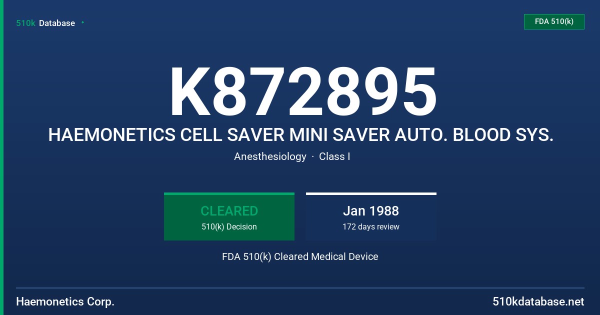 K872895 HAEMONETICS CELL SAVER MINI SAVER AUTO. BLOOD SYS. FDA 510(k) Cleared Medical Device