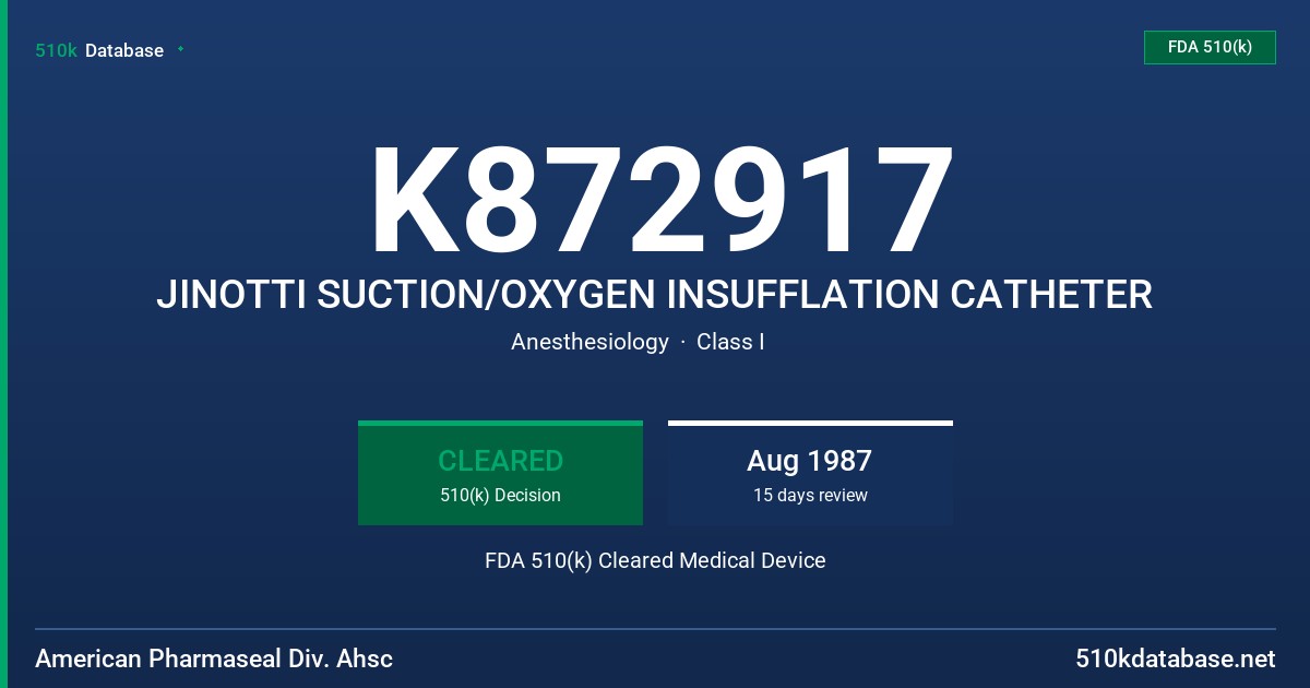 K872917 JINOTTI SUCTION/OXYGEN INSUFFLATION CATHETER FDA 510(k) Cleared Medical Device
