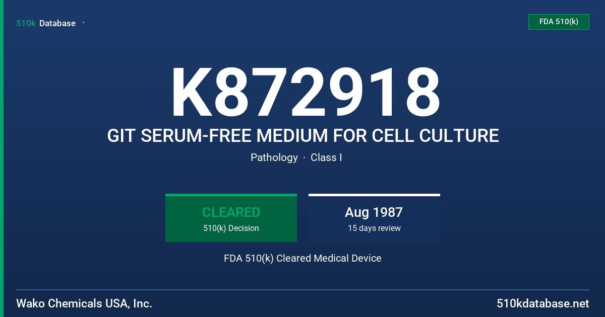 K872918 GIT SERUM-FREE MEDIUM FOR CELL CULTURE FDA 510(k) Cleared Medical Device