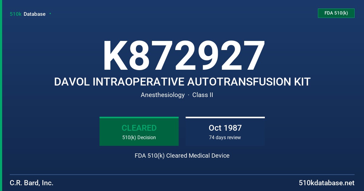 K872927 DAVOL INTRAOPERATIVE AUTOTRANSFUSION KIT FDA 510(k) Cleared Medical Device