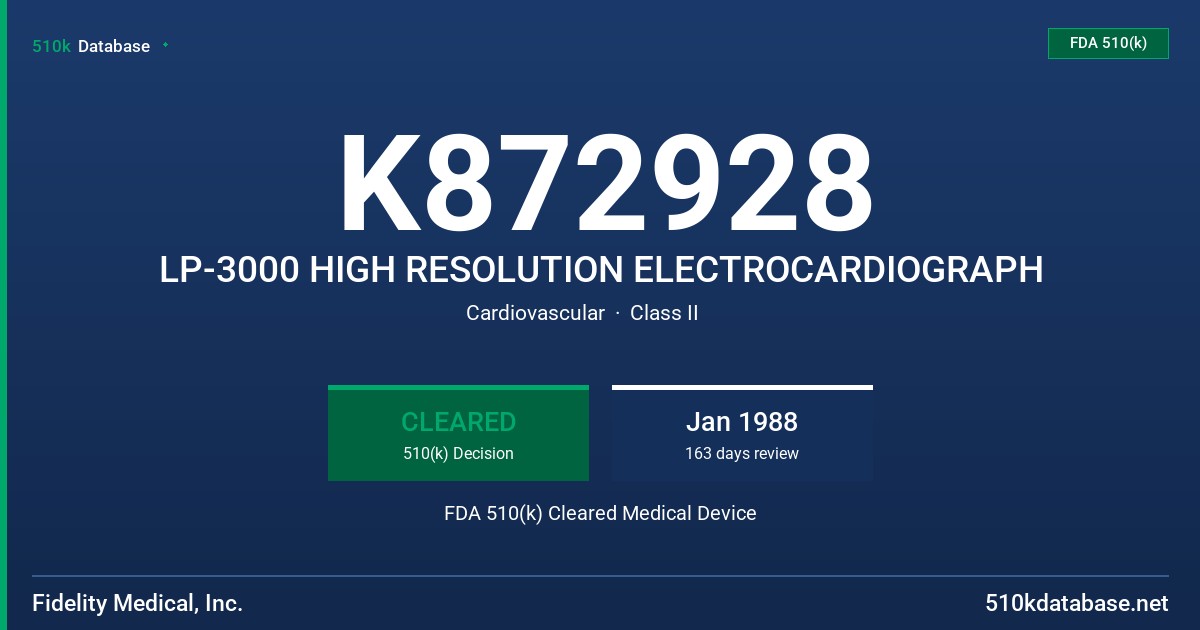 K872928 LP-3000 HIGH RESOLUTION ELECTROCARDIOGRAPH FDA 510(k) Cleared Medical Device