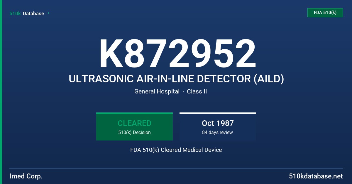 K872952 ULTRASONIC AIR-IN-LINE DETECTOR (AILD) FDA 510(k) Cleared Medical Device