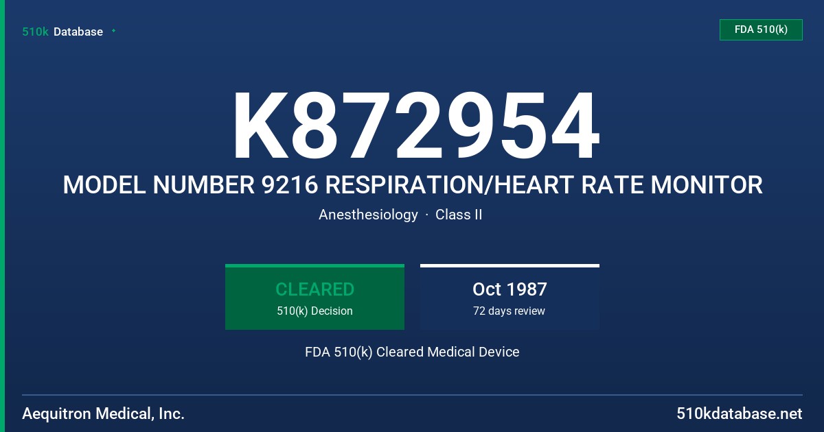 K872954 MODEL NUMBER 9216 RESPIRATION/HEART RATE MONITOR FDA 510(k) Cleared Medical Device