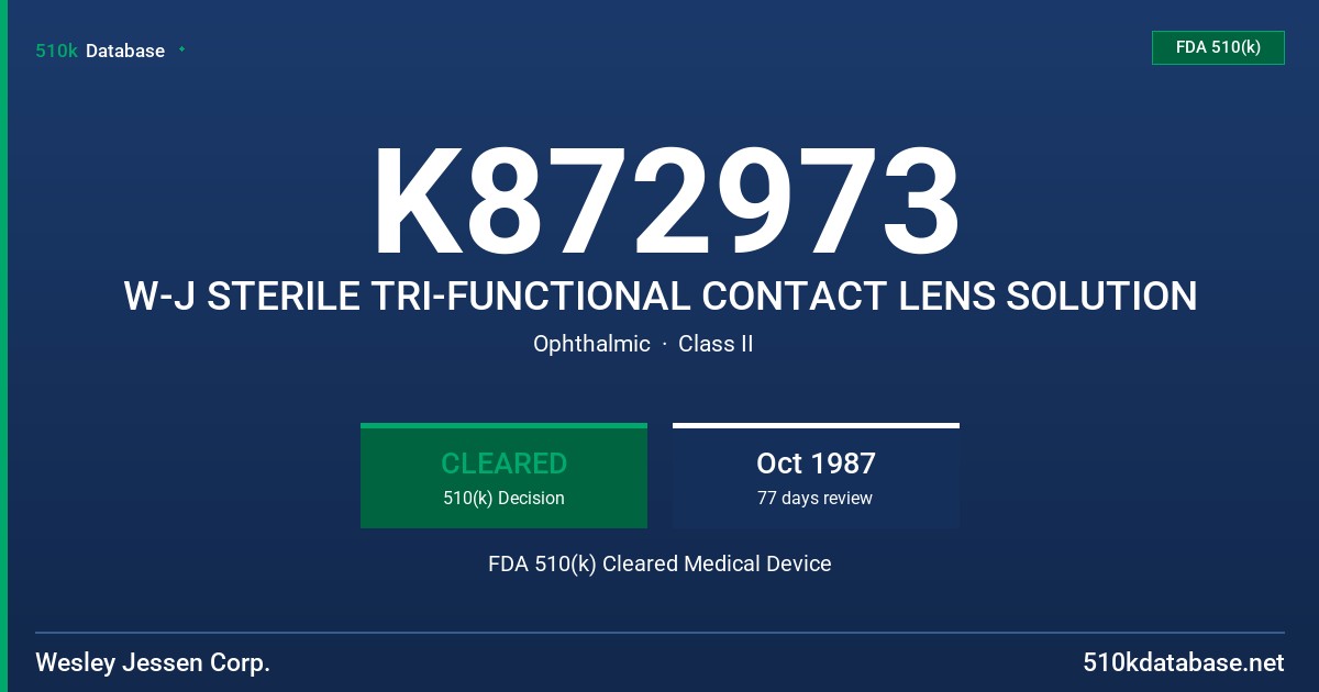 K872973 W-J STERILE TRI-FUNCTIONAL CONTACT LENS SOLUTION FDA 510(k) Cleared Medical Device