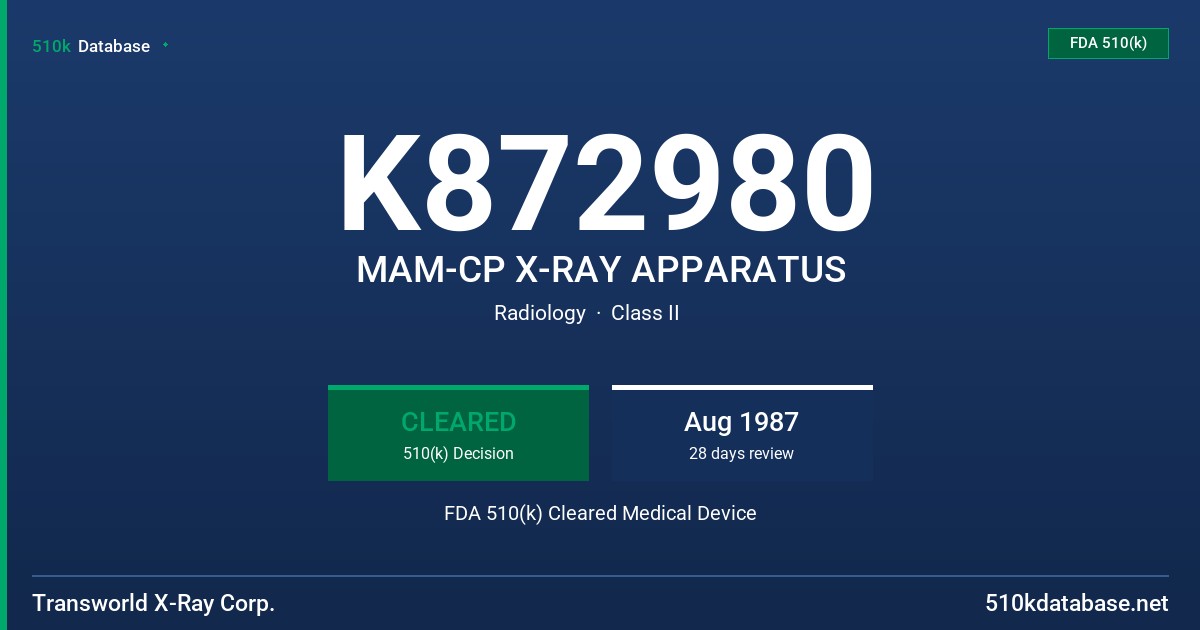 K872980 MAM-CP X-RAY APPARATUS FDA 510(k) Cleared Medical Device