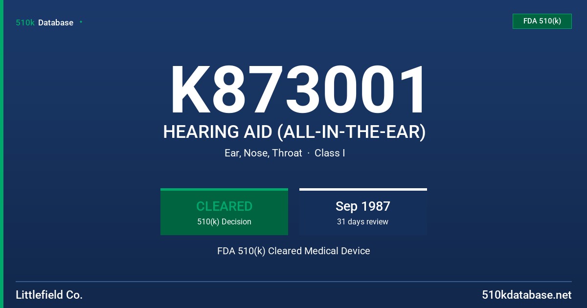 K873001 HEARING AID (ALL-IN-THE-EAR) FDA 510(k) Cleared Medical Device