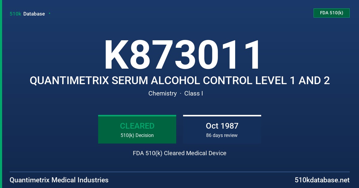 K873011 QUANTIMETRIX SERUM ALCOHOL CONTROL LEVEL 1 AND 2 FDA 510(k) Cleared Medical Device