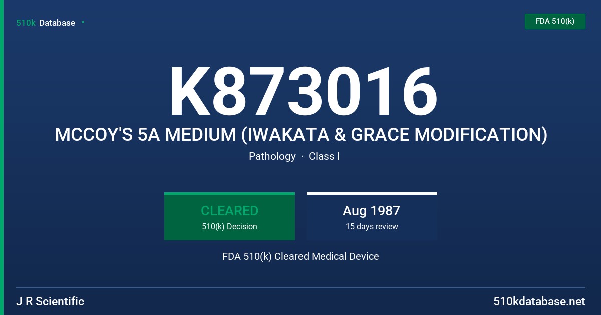 K873016 MCCOY'S 5A MEDIUM (IWAKATA & GRACE MODIFICATION) FDA 510(k) Cleared Medical Device