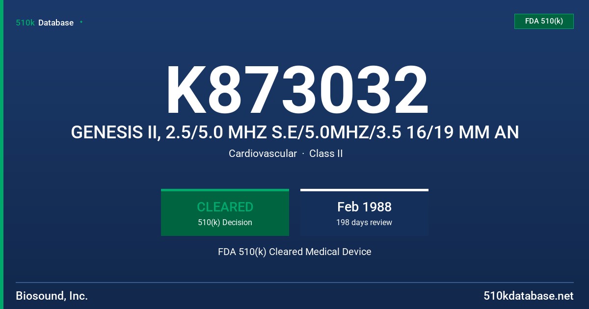 K873032 GENESIS II, 2.5/5.0 MHZ S.E/5.0MHZ/3.5 16/19 MM AN FDA 510(k) Cleared Medical Device