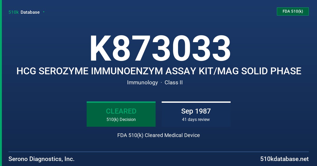 K873033 HCG SEROZYME IMMUNOENZYM ASSAY KIT/MAG SOLID PHASE FDA 510(k) Cleared Medical Device