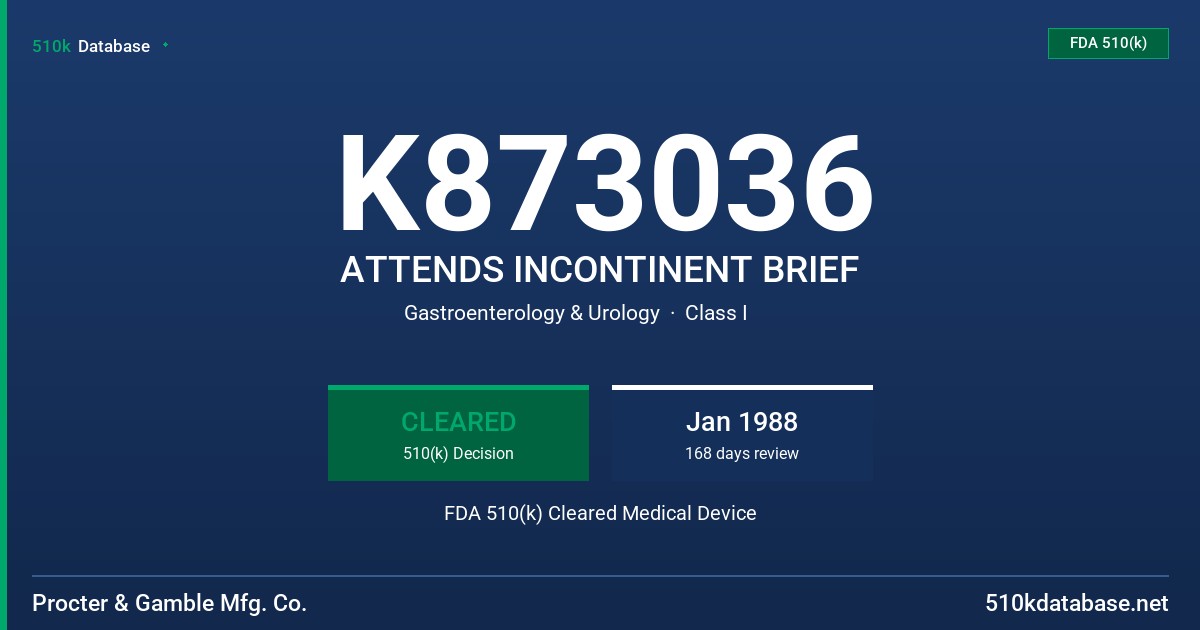 K873036 ATTENDS INCONTINENT BRIEF FDA 510(k) Cleared Medical Device