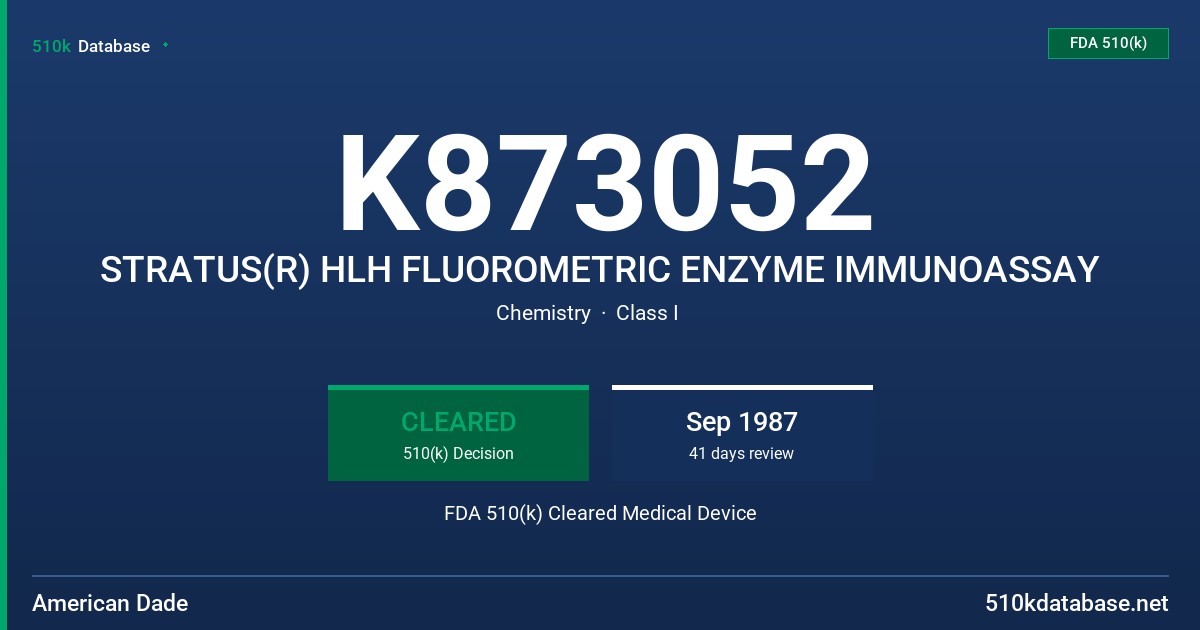 K873052 STRATUS(R) HLH FLUOROMETRIC ENZYME IMMUNOASSAY FDA 510(k) Cleared Medical Device