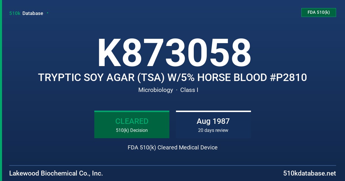 K873058 TRYPTIC SOY AGAR (TSA) W/5% HORSE BLOOD #P2810 FDA 510(k) Cleared Medical Device