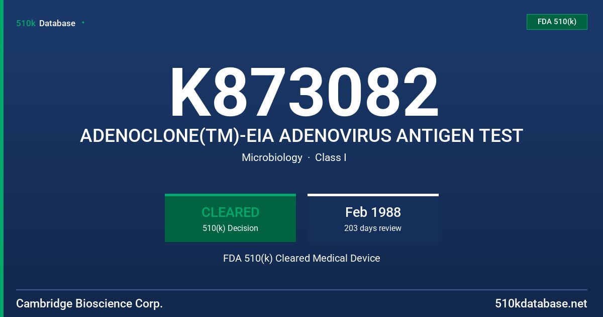 K873082 ADENOCLONE(TM)-EIA ADENOVIRUS ANTIGEN TEST FDA 510(k) Cleared Medical Device