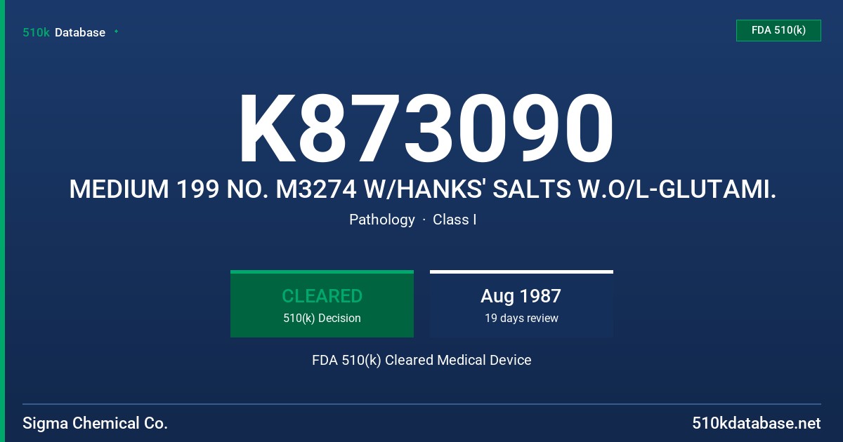 K873090 MEDIUM 199 NO. M3274 W/HANKS' SALTS W.O/L-GLUTAMI. FDA 510(k) Cleared Medical Device