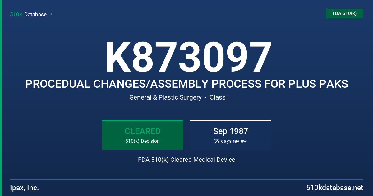 K873097 PROCEDUAL CHANGES/ASSEMBLY PROCESS FOR PLUS PAKS FDA 510(k) Cleared Medical Device
