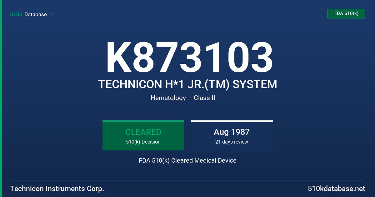 K873103 TECHNICON H*1 JR.(TM) SYSTEM FDA 510(k) Cleared Medical Device