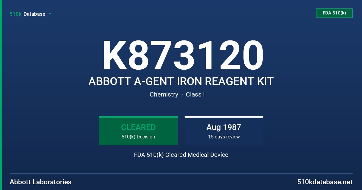 K873120 ABBOTT A-GENT IRON REAGENT KIT FDA 510(k) Cleared Medical Device