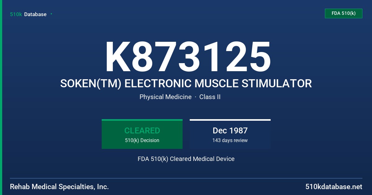 K873125 SOKEN(TM) ELECTRONIC MUSCLE STIMULATOR FDA 510(k) Cleared Medical Device