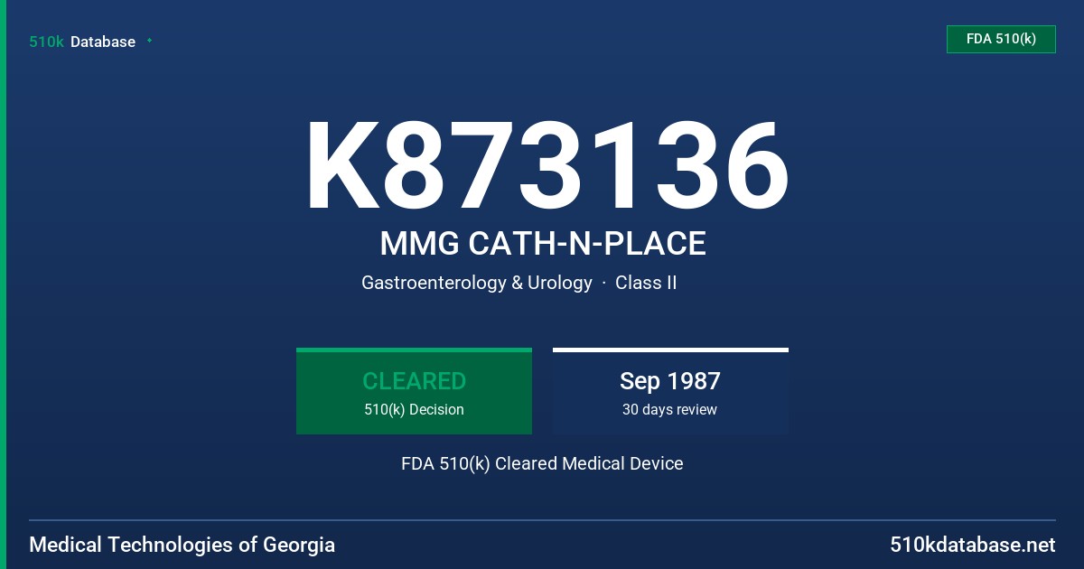 K873136 MMG CATH-N-PLACE FDA 510(k) Cleared Medical Device
