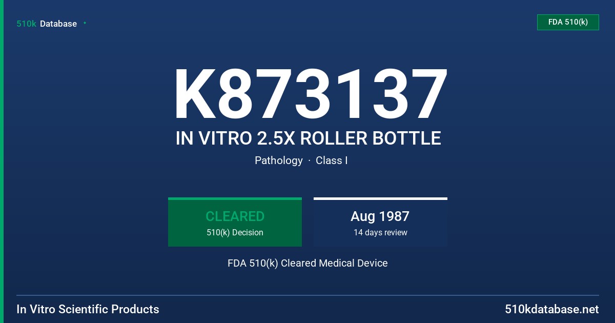 K873137 IN VITRO 2.5X ROLLER BOTTLE FDA 510(k) Cleared Medical Device