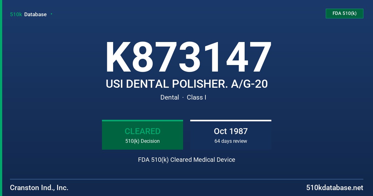 K873147 USI DENTAL POLISHER. A/G-20 FDA 510(k) Cleared Medical Device