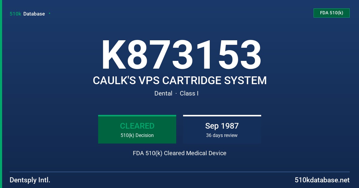 K873153 CAULK'S VPS CARTRIDGE SYSTEM FDA 510(k) Cleared Medical Device