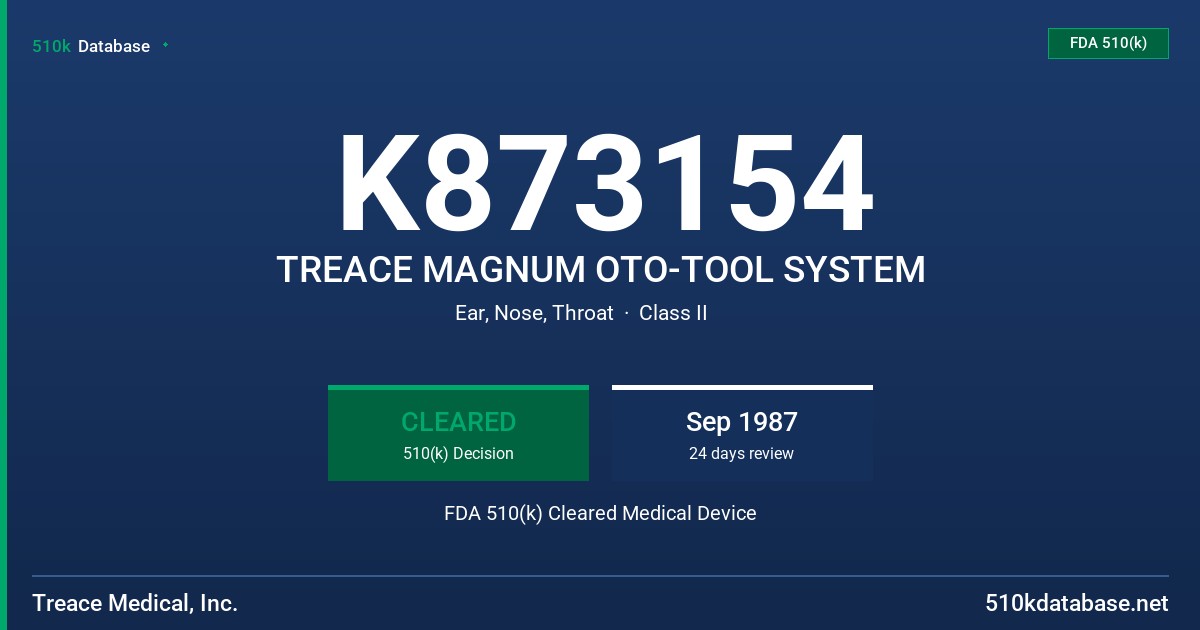 K873154 TREACE MAGNUM OTO-TOOL SYSTEM FDA 510(k) Cleared Medical Device