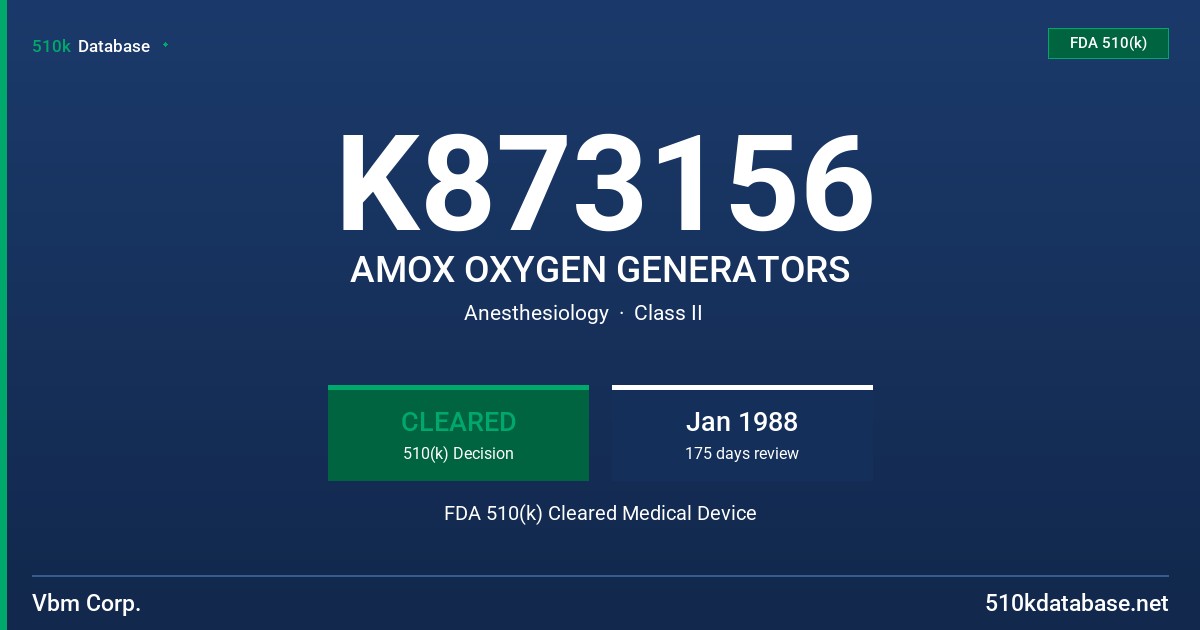 K873156 AMOX OXYGEN GENERATORS FDA 510(k) Cleared Medical Device