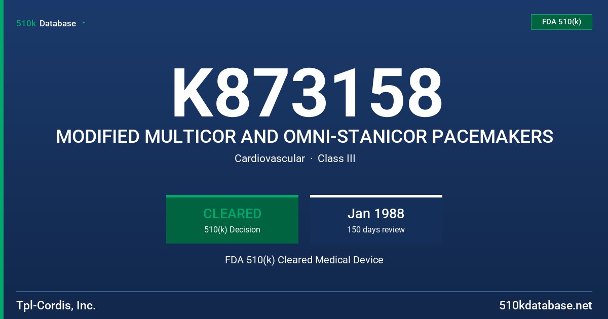 K873158 MODIFIED MULTICOR AND OMNI-STANICOR PACEMAKERS FDA 510(k) Cleared Medical Device