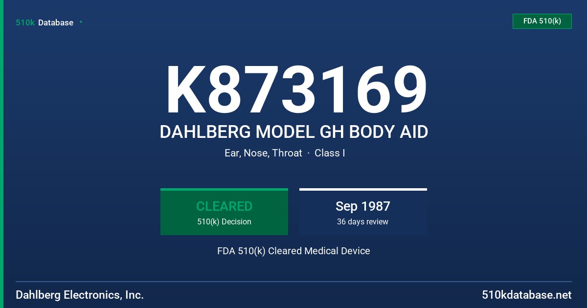 K873169 DAHLBERG MODEL GH BODY AID FDA 510(k) Cleared Medical Device