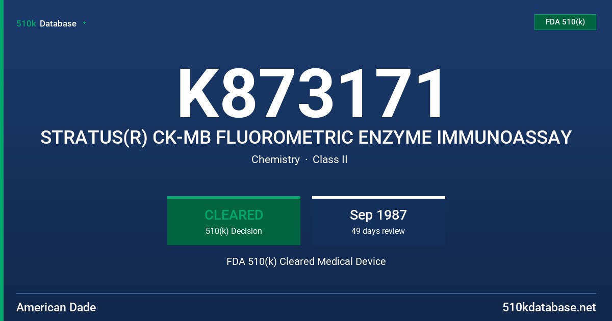 K873171 STRATUS(R) CK-MB FLUOROMETRIC ENZYME IMMUNOASSAY FDA 510(k) Cleared Medical Device