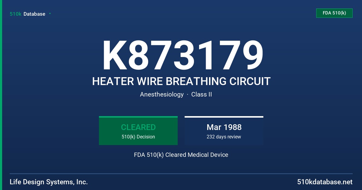 K873179 HEATER WIRE BREATHING CIRCUIT FDA 510(k) Cleared Medical Device