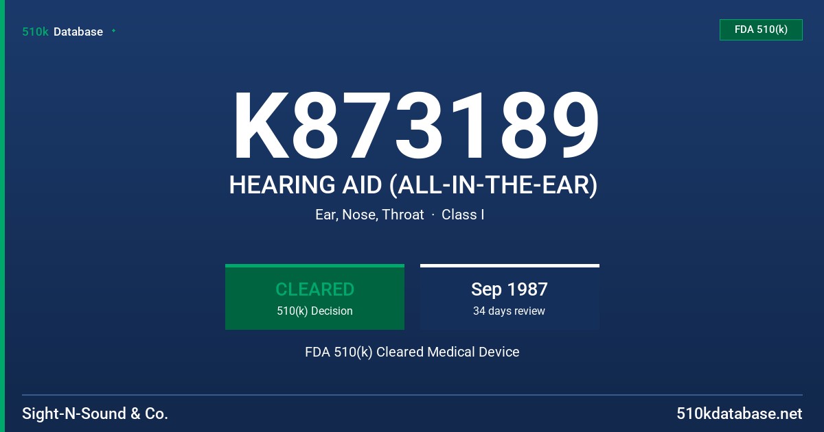 K873189 HEARING AID (ALL-IN-THE-EAR) FDA 510(k) Cleared Medical Device