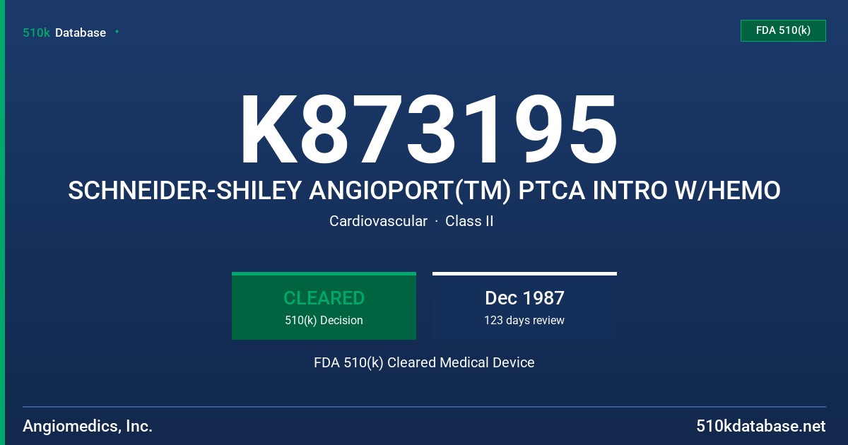 K873195 SCHNEIDER-SHILEY ANGIOPORT(TM) PTCA INTRO W/HEMO FDA 510(k) Cleared Medical Device