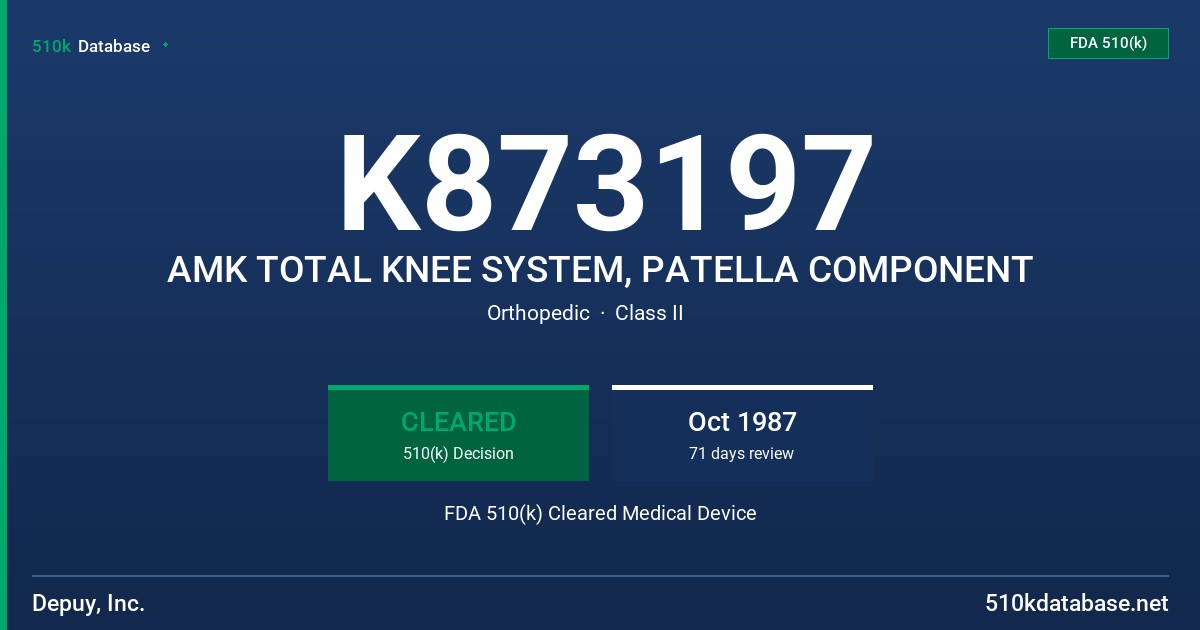 K873197 AMK TOTAL KNEE SYSTEM, PATELLA COMPONENT FDA 510(k) Cleared Medical Device
